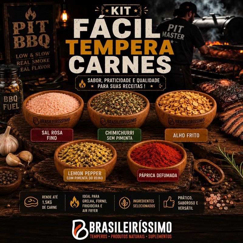 Kit profissional Tempera Facil Carnes Sal Rosa Lemon Pepper Chimichurri Alho Frito Páprica Defumada