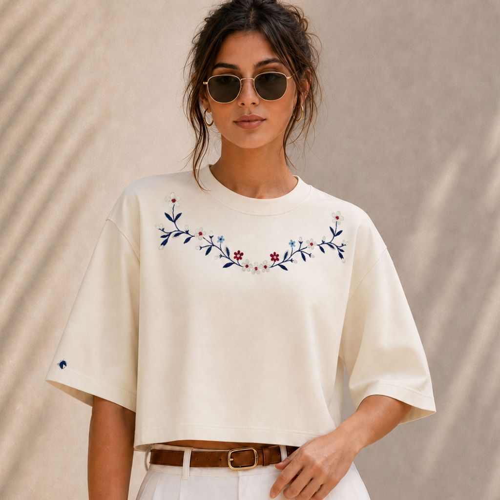 Cropped Blusa T-Shirt Over Sized 100% Algodão Feminino Estampado Polo Chukkers Estilo Bordado