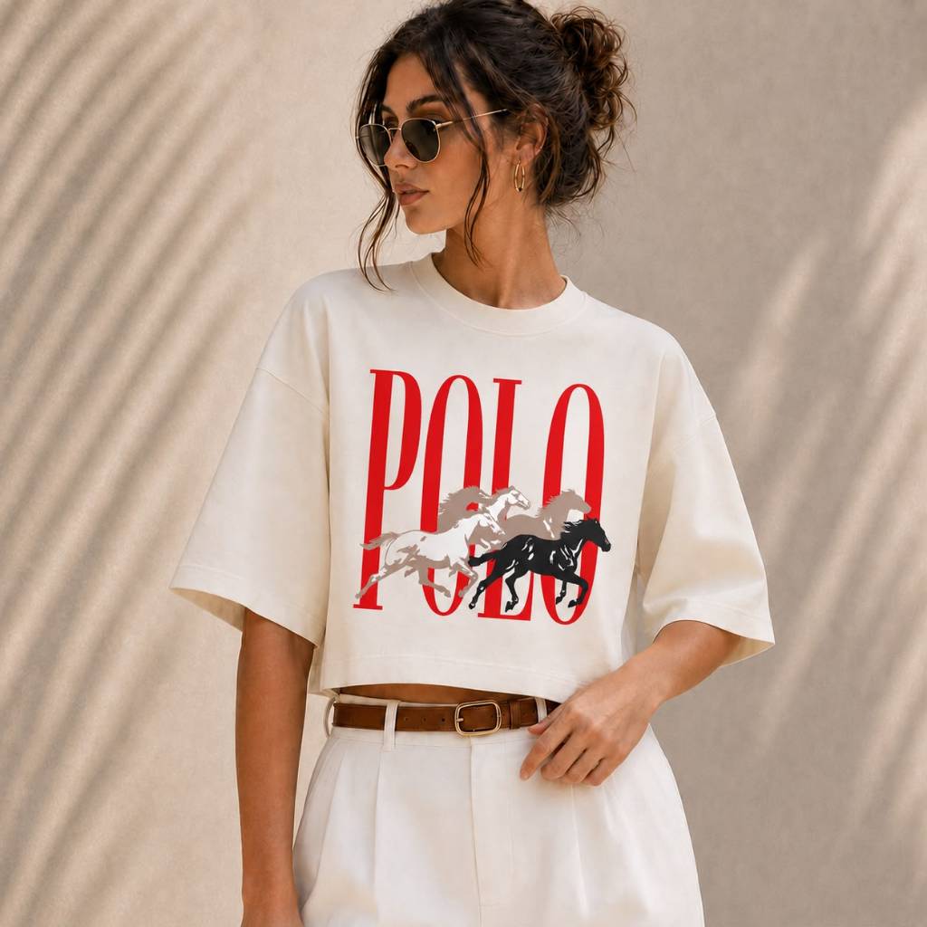 Cropped Blusa Over Sized 100% Algodão Look Feminino Estampado Polo Chukkers Estiloso Tendencia