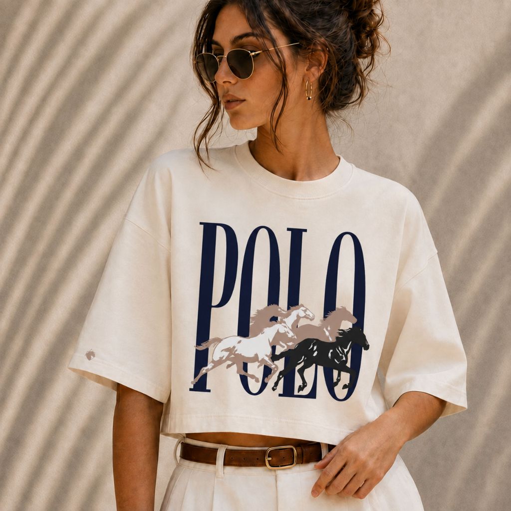 Cropped Blusa Over Sized 100% Algodão Feminino Estampado Polo Chukkers Estiloso Tendencia Azul