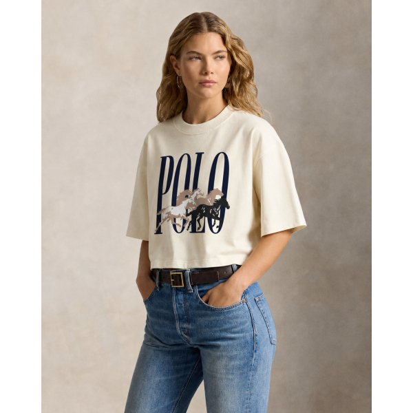 Cropped T-shirt Over Sized 100% Algodão Look Feminino Estampado Polo Chukkers Estampa Cavalos