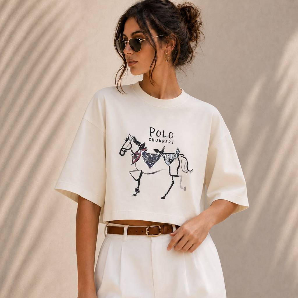 Cropped Blusa Over Sized 100% Algodão premium Look Feminino Estampado Polo Chukkers