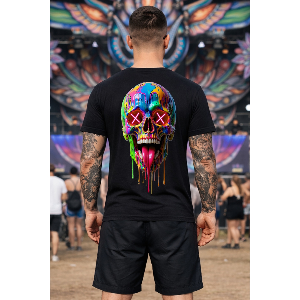 Camiseta Skull Melting Rave Psicodélico Estampada 100% Algodão Camisa StreetWear