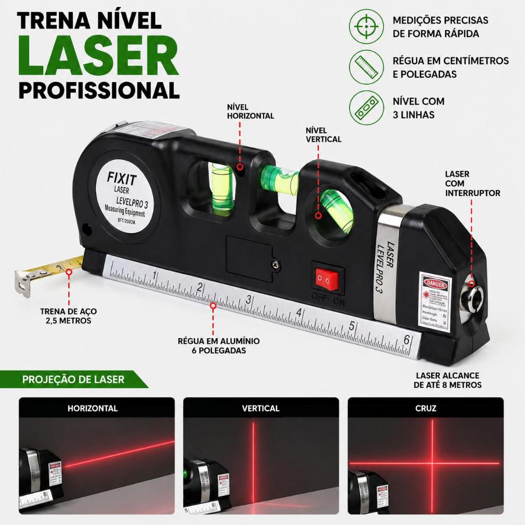 Trena Nivel Laser Profissional 2,5m Medidor Nivelador 3 Linhas Horizontal Vertical Cruz Regua Multifunção top