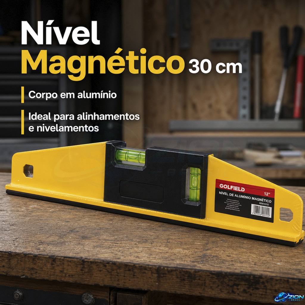 Nível de Bolha em Alumínio 12 Polegadas com Base Magnética e 2 Ampolas Horizontal e Vertical