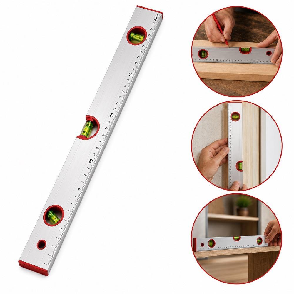 Nível de Alumínio 60 cm com 3 Bolhas, Régua de Medição e Prumo de Mão, Alinhamento Horizontal, Vertical e 45 Graus,