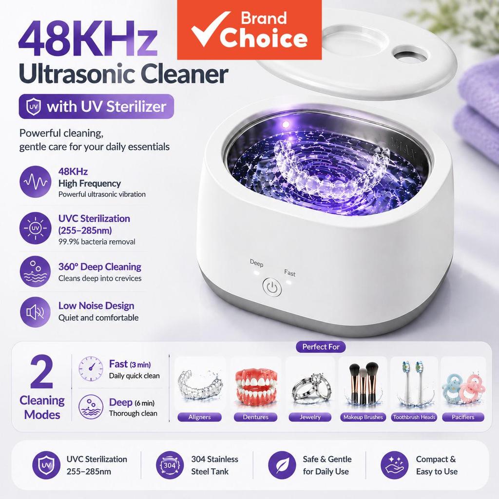 Freegrin Limpador Ultrassônico de Retentores 48kHz, Esterilização W, Limpador de Dentaduras e Joias com 2 Modos, Tanque