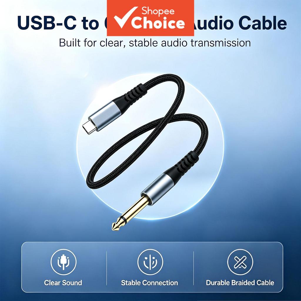 TOILEUM USB-C Para 6.35mm TRS Guitarra Cabo De Áudio 1m 2m 3m 16bit 48kHz Gravação Sem Perdas Telefone Tipo Portátil Est