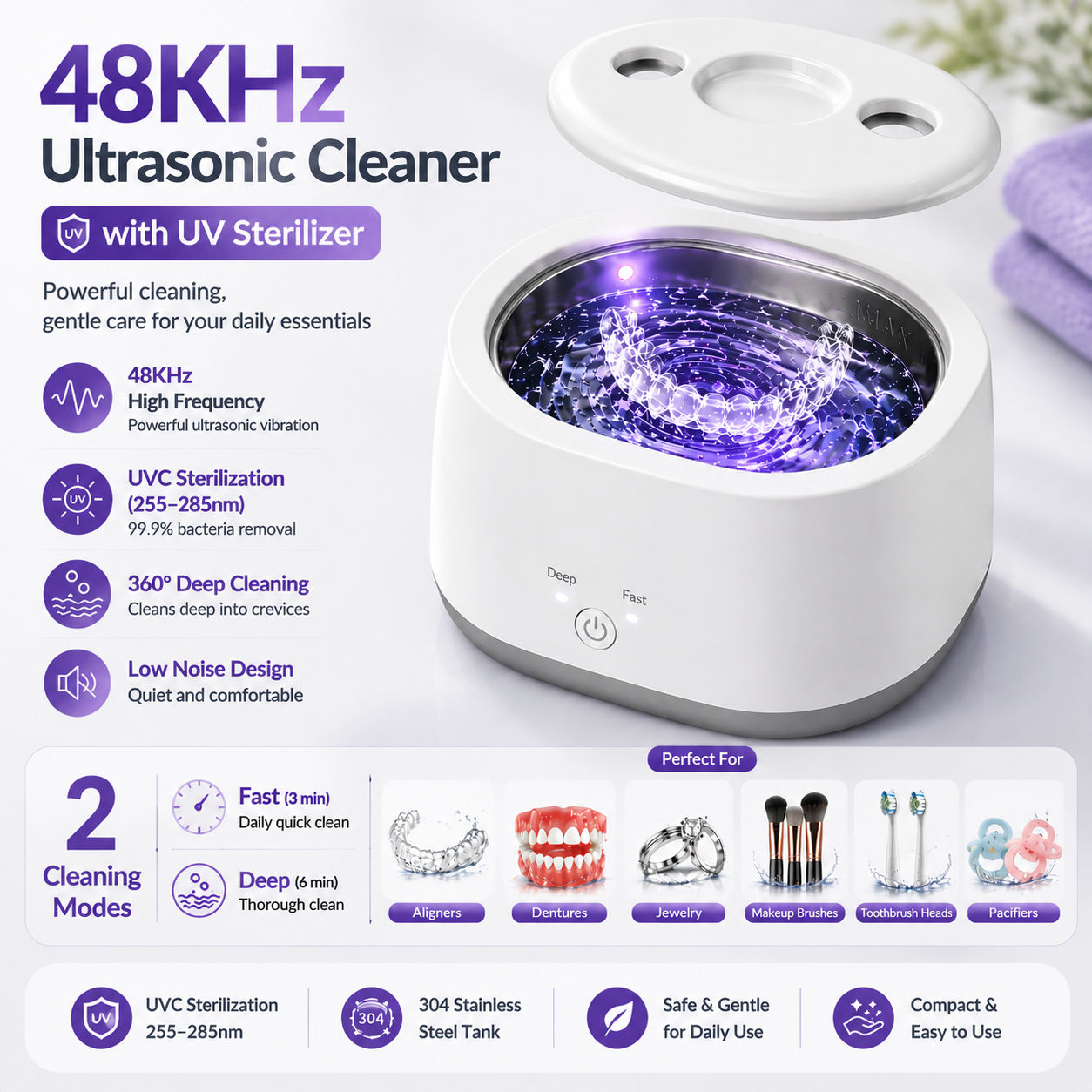 Freegrin Limpador de Retentores Ultrassônicos 48kHz, Esterilização W, Limpador de Dentaduras e Joias com 2 Modos, Tanque