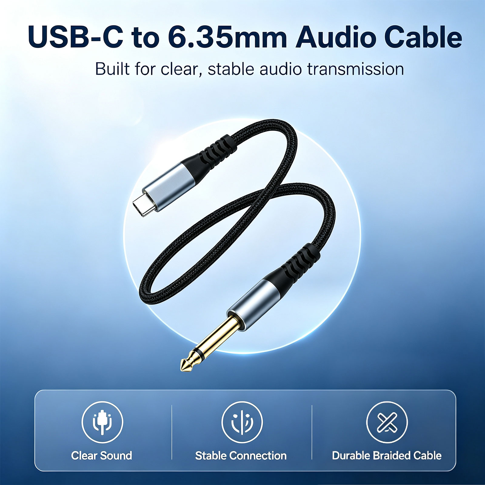 TOILEUM USB-C Para 6.35mm TRS Guitarra Cabo De Áudio 1m 2m 3m 16bit 48kHz Gravação Sem Perdas Telefone Tipo Portátil Est