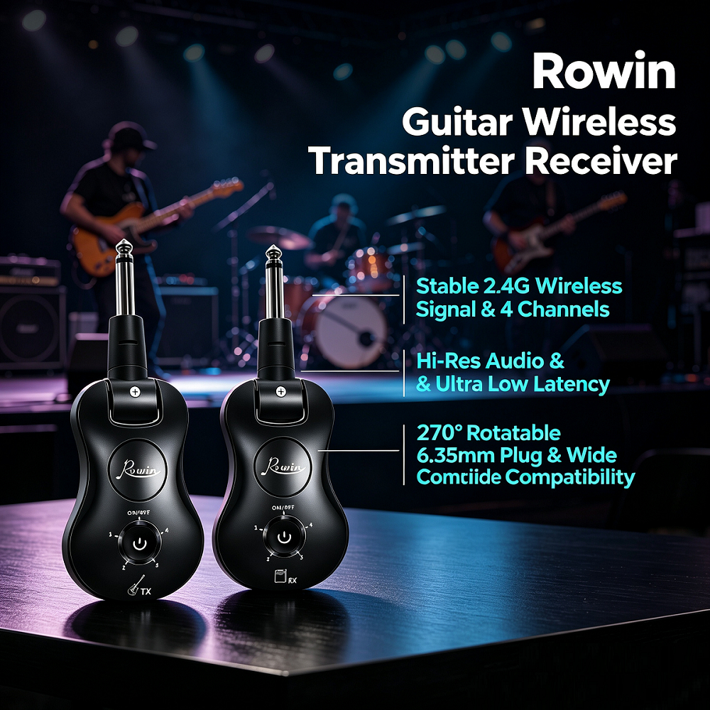 Rowin 2.4GHz Guitarra Transmissor E Receptor Sem Fio 32bit/48KHz Áudio De Alta Resolução 4 Canais Rotativo Sistema De Ba