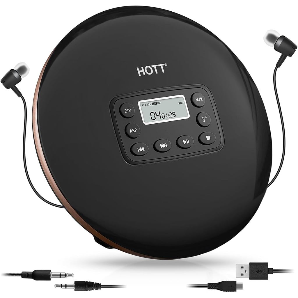 HOTT CD711T Portable CD Player with Bluetooth 5.1 Stereo Headphones and, Anti Shock Protection for Car Travel and Home