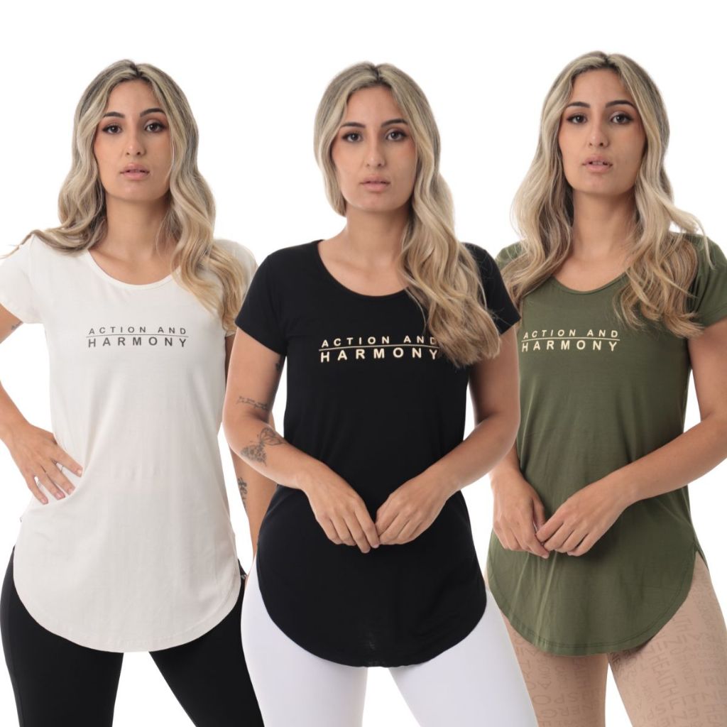 Kit 3 Blusa Feminina Academia  Action Marfim/Preta/Verde