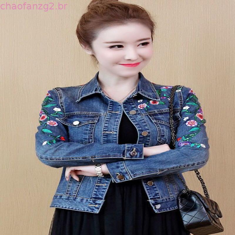 VmewSher Floral Women Denim Coat Bordado Feminino Short Basic Ladies Jean Jacket Slim Flower Outwear Casacos Outono Pri