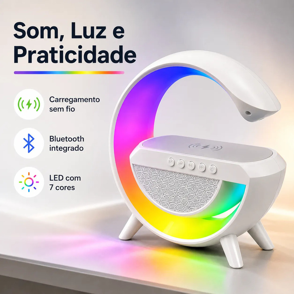 Caixa de Som Bluetooth LED Carregador Sem Fio Indução Wireless Rádio FM USB AUX Cartão TF Luminária 7 Cores Branca