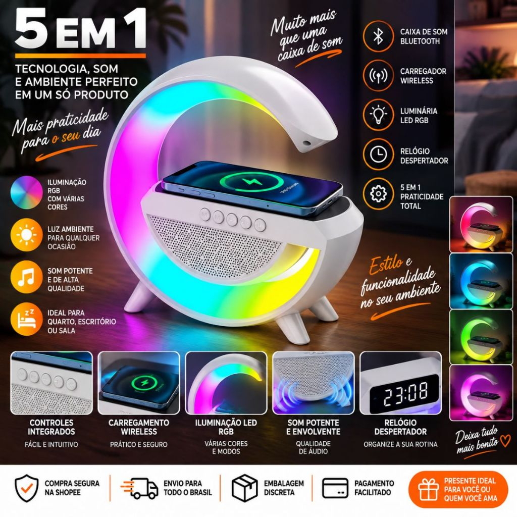 Caixa de Som Bluetooth com Carregador Wireless Luminária LED Relógio Despertador 5 em 1