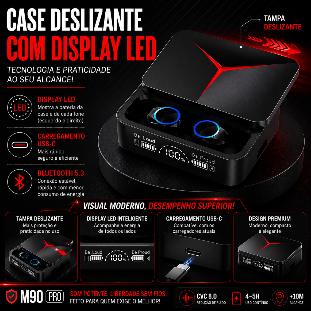 Fone de Ouvido Auricular Bluetooth Wireless LED Case Deslizante Altomex M90 PRO