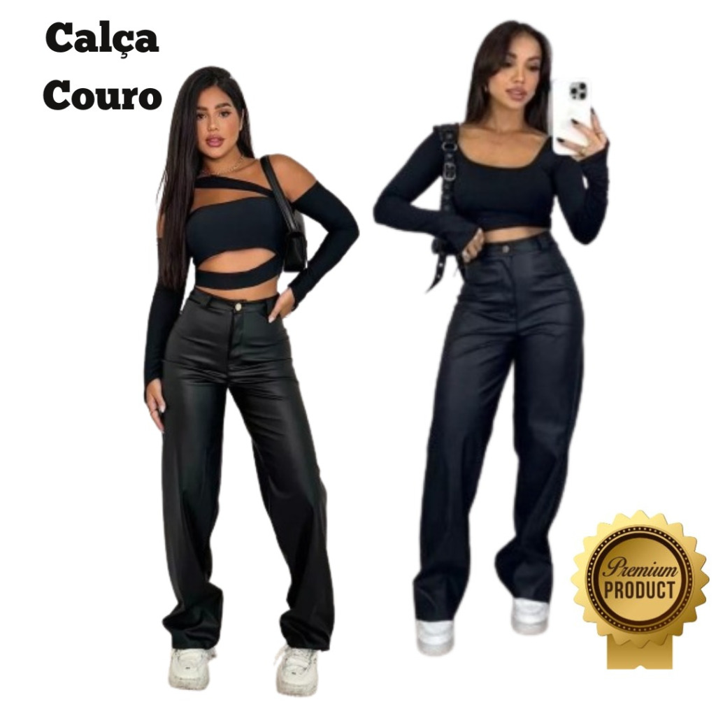 Calça Couro Fake Wide Leg Pantalona Retrô Blogueira Moda Gringa  PU Sintético Zíper Botão Bolso