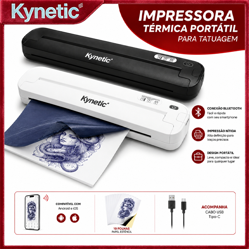 Kynetic Impressora Térmica Tattoo A4 De Transferência Stencil Papel Para Tatuagem Bluetooth + 10 Folhas