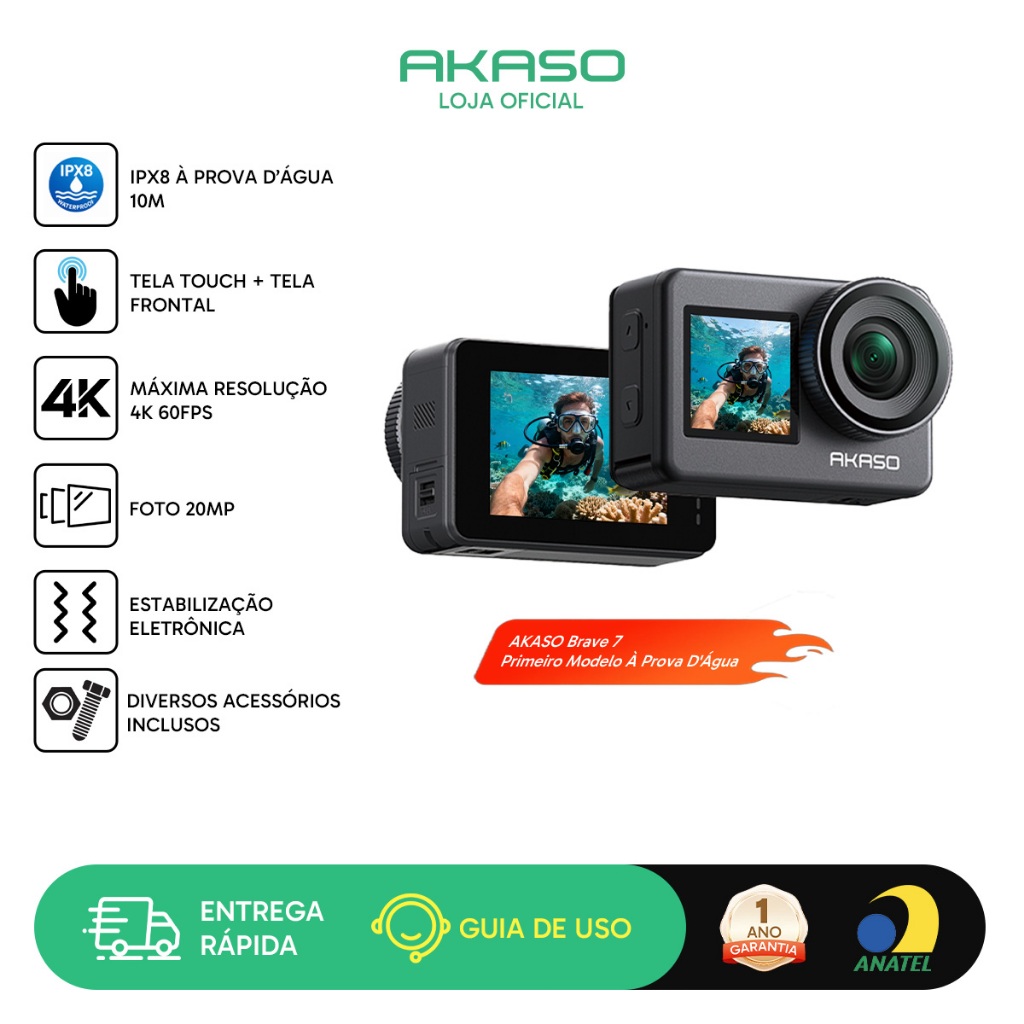 Câmera Ação AKASO Brave 7 4K60fps 20MP c/ Tela Touch e Frontal IPX8 EIS Wi-Fi Remote e Mic Externo