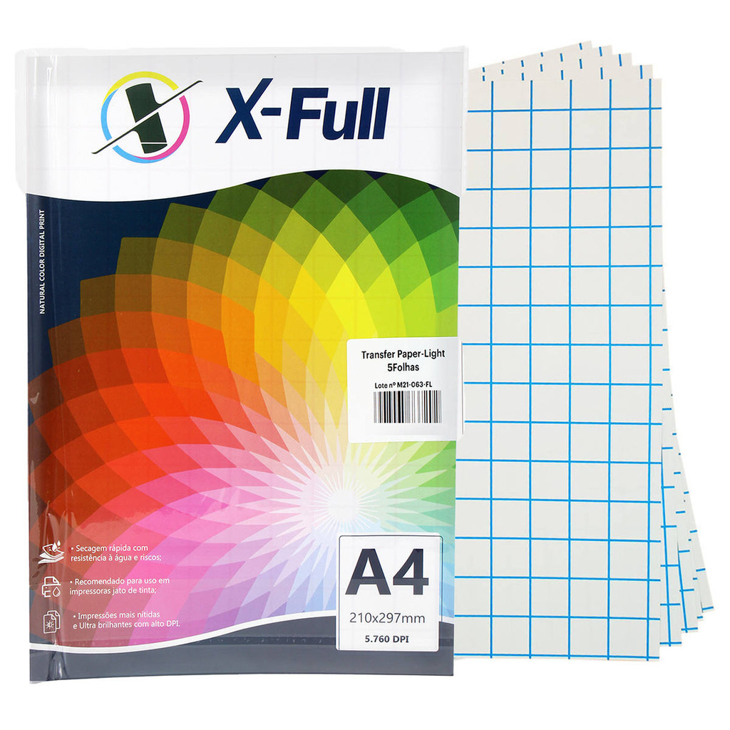Papel Transfer Light 150g A4 Pacote com 5 folhas para Tecido Claro X-Full Impressão a Jato de Tinta
