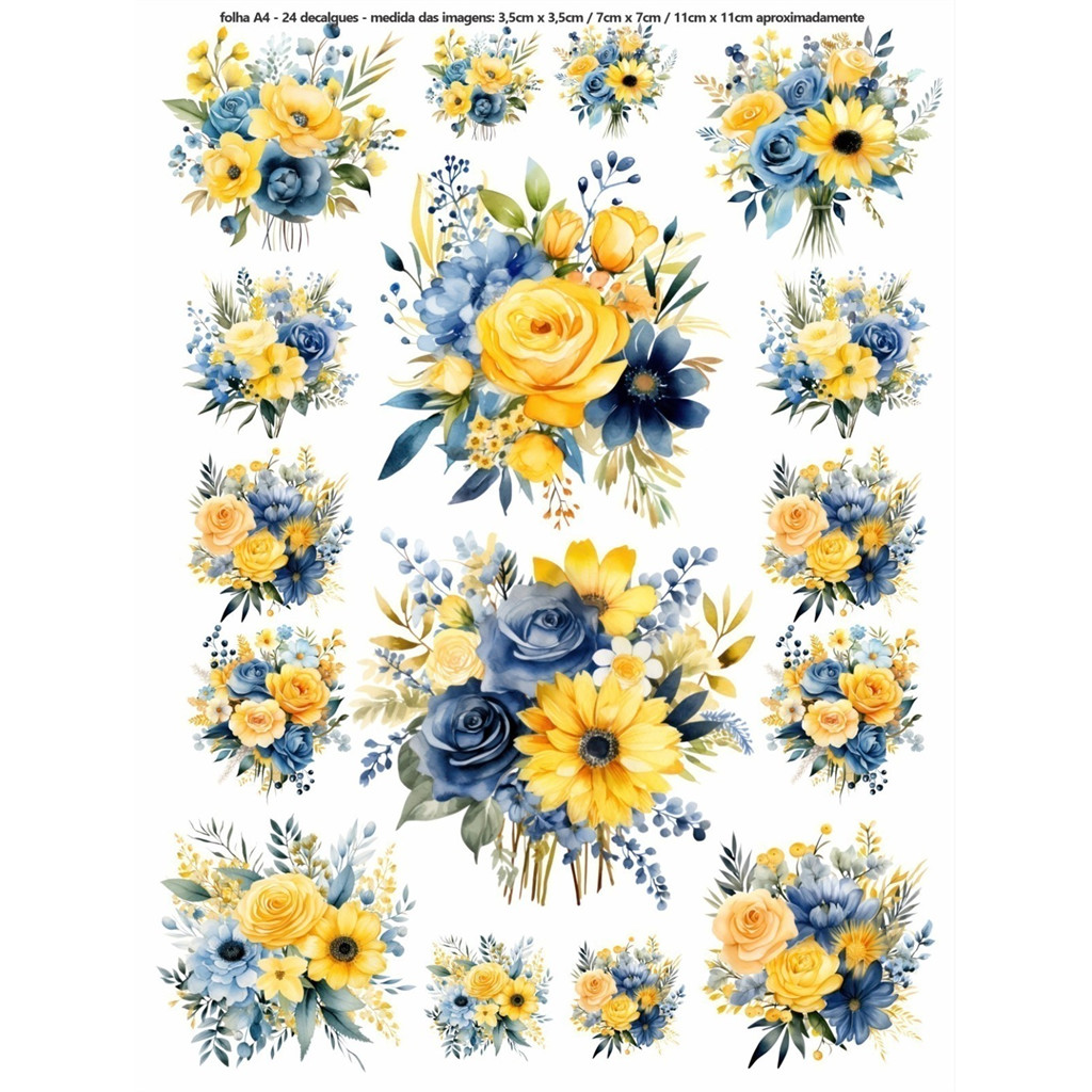 Decalque Hidro Transfer folha A4 - Flores Flores Amarelo e Azul G