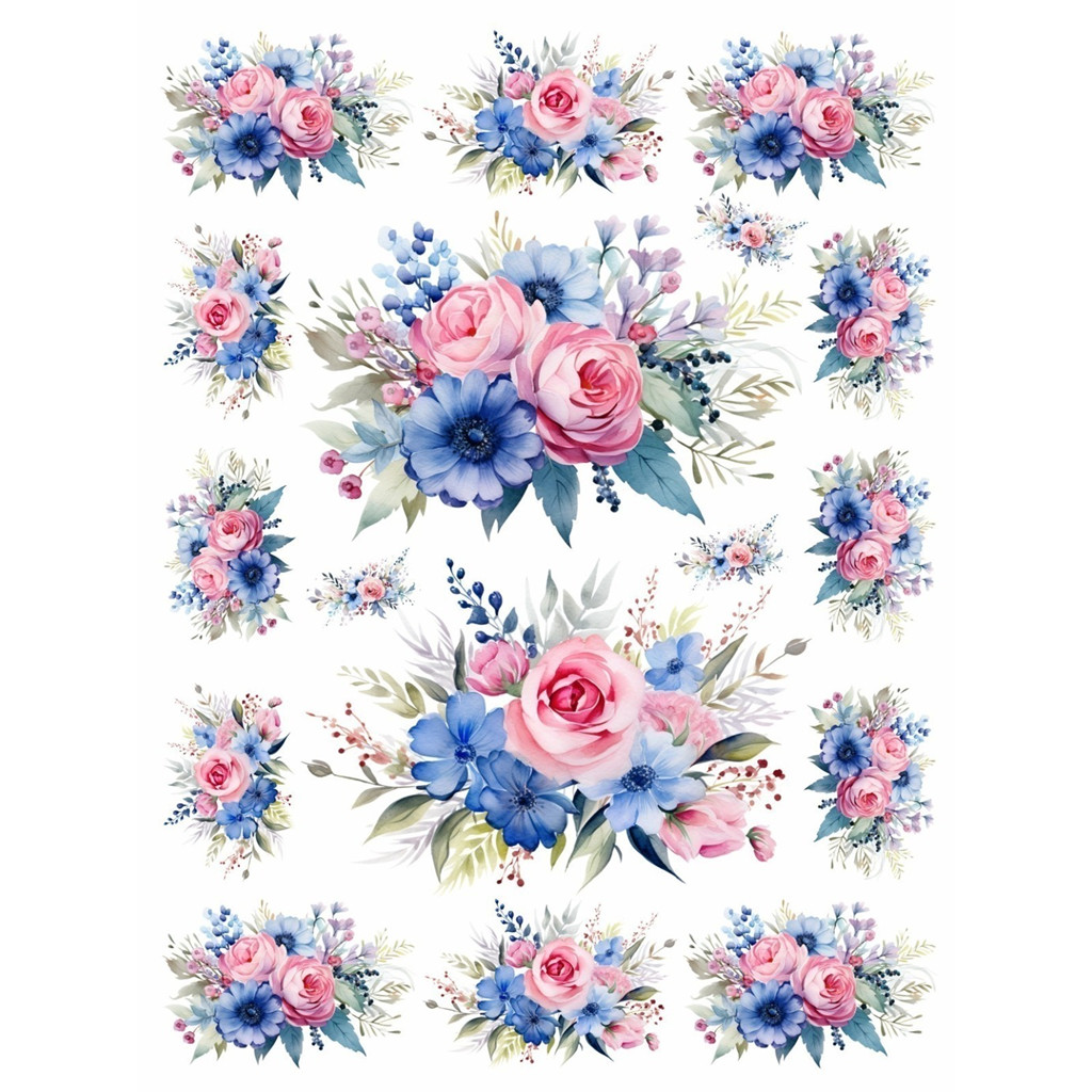 Decalque Hidro Transfer folha A4 - Flores Rosa e Azul G