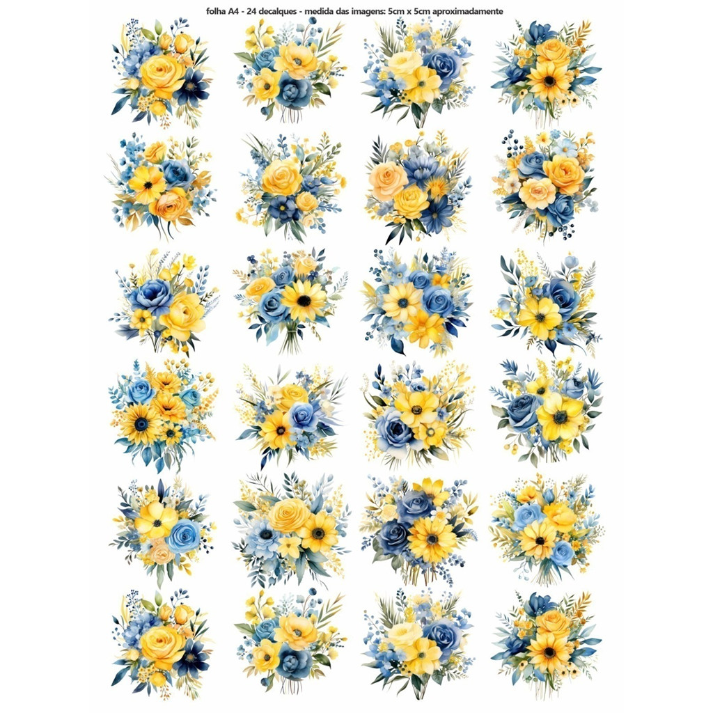 Decalque Hidro Transfer folha A4 - Flores Amarelo Azul e P