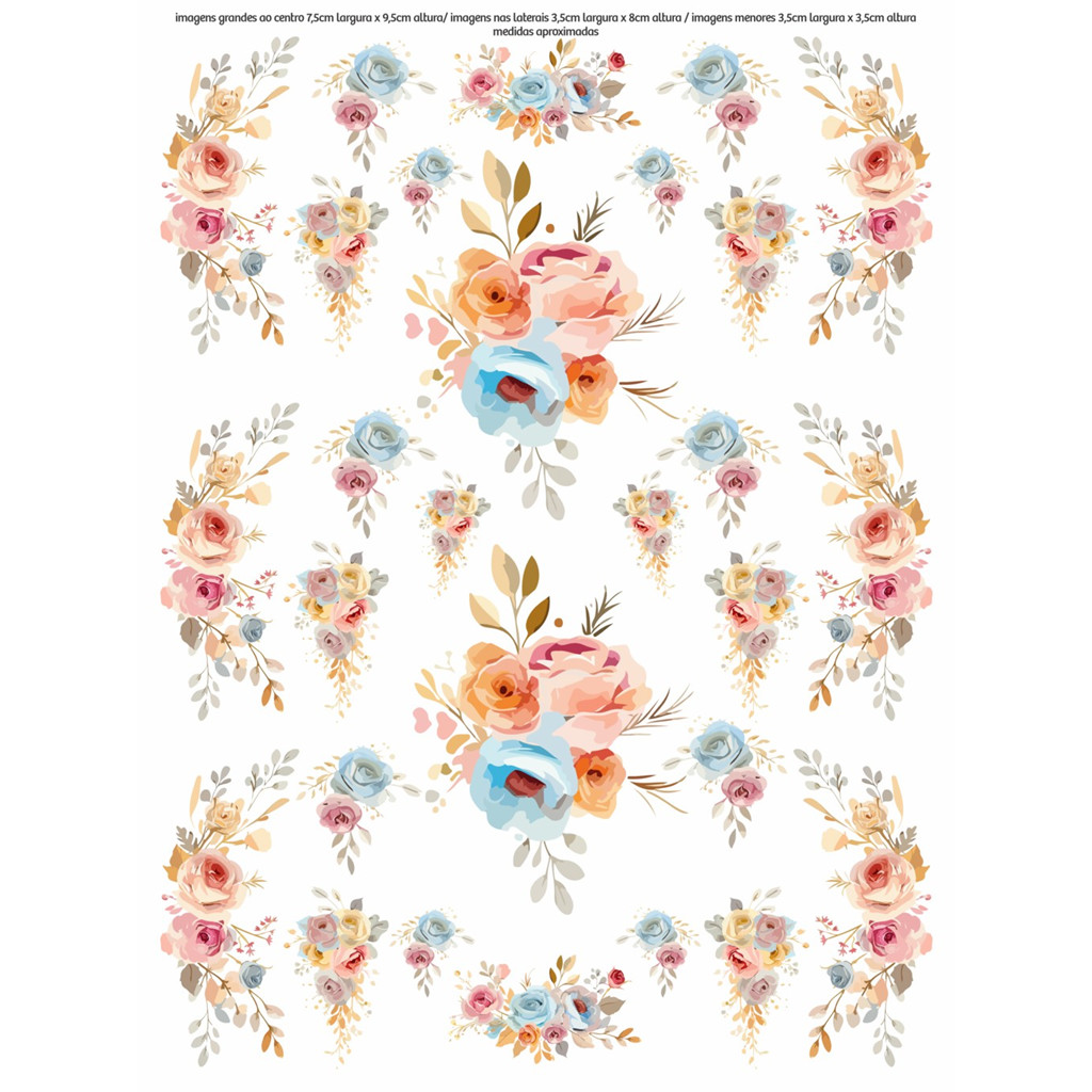 Decalque Hidro Transfer folha A4 - Flores Border Rosas Beges Azul