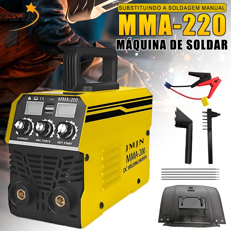 110V/220V Máquina de Solda Elétrica MMA-220, Dual LCD, Dupla USB, Amarela – Fácil Uso e Alta Eficiência VISTA