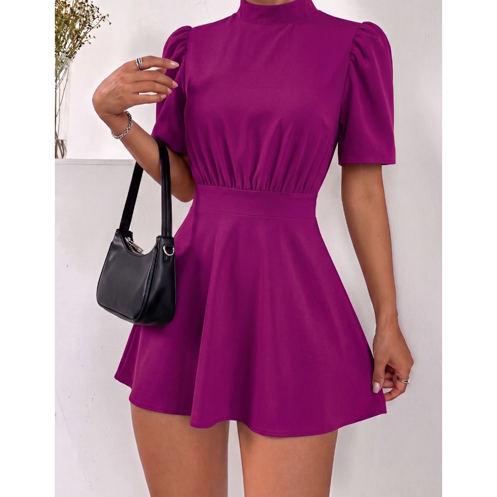 Macacao Feminino Social Vestido Curto Gola Alta Manga Flare Verão