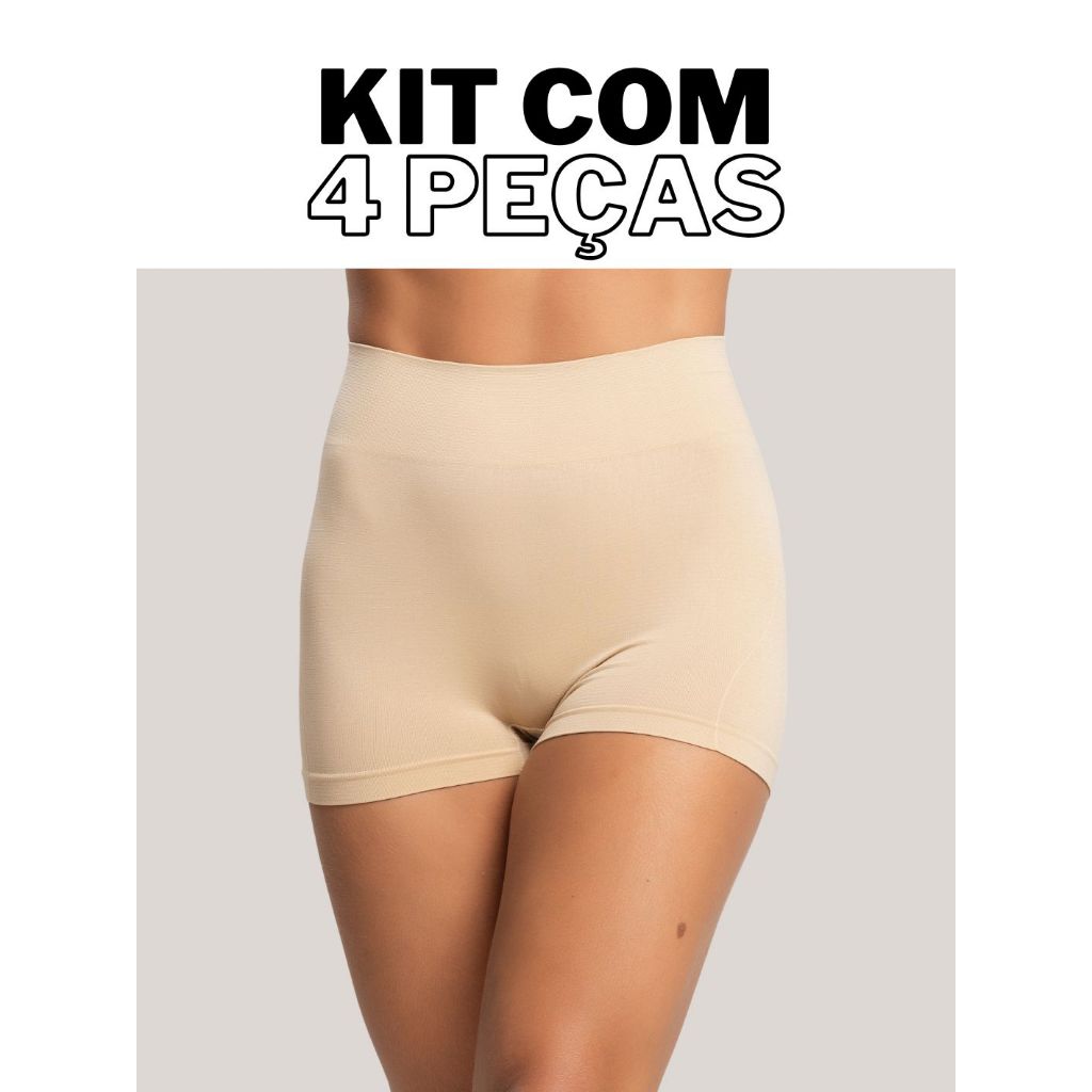 Kit Com 4 Calcinhas Box Shorts Cós Alto Modelador Redutor Sem Costura Feminina Boxer Media Compressão Conforto Diário