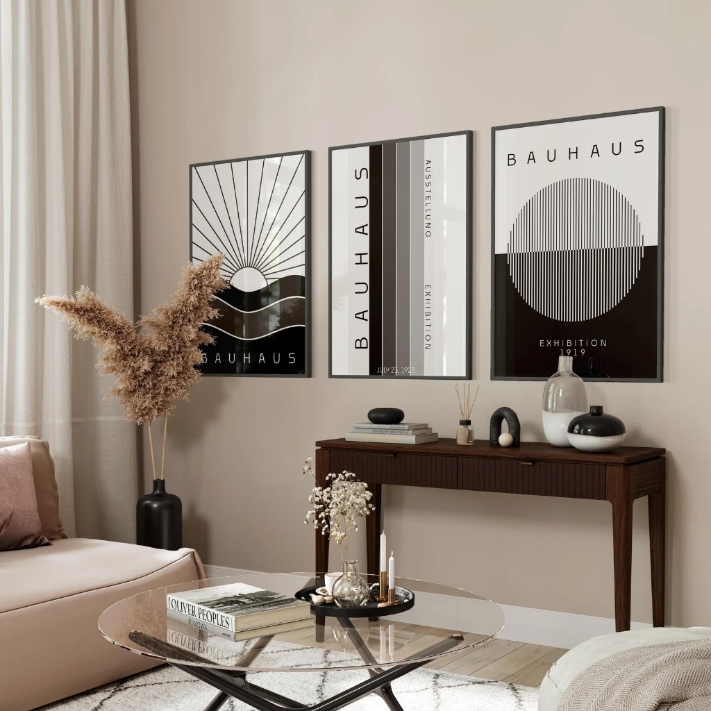 Kit 3 Quadros Decorativos Geométrico Moderno com Moldura Bauhaus – Flat Structure No1
