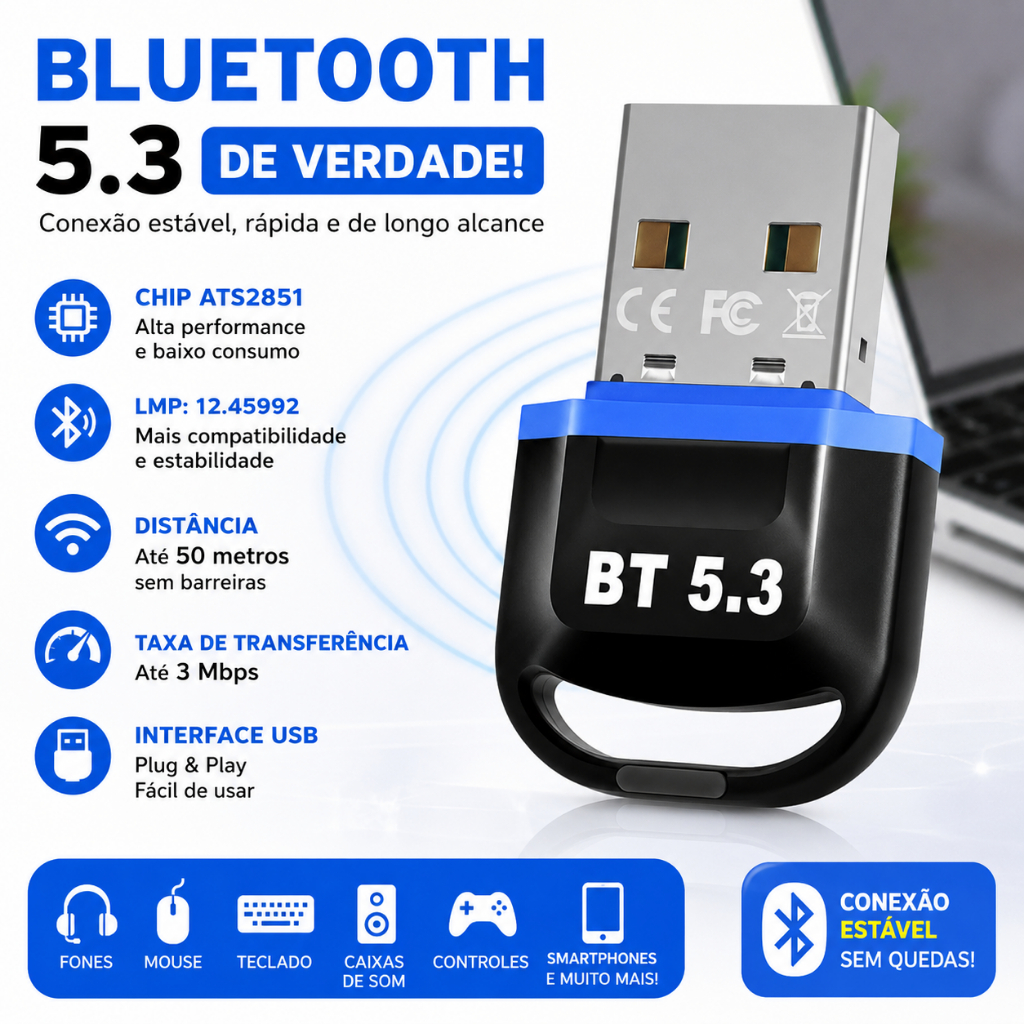 Adaptador USB Bluetooth 5.3 para PC Notebook Receptor Dongle Plug e Play Windows Alta Velocidade, Até 5 dispositivos
