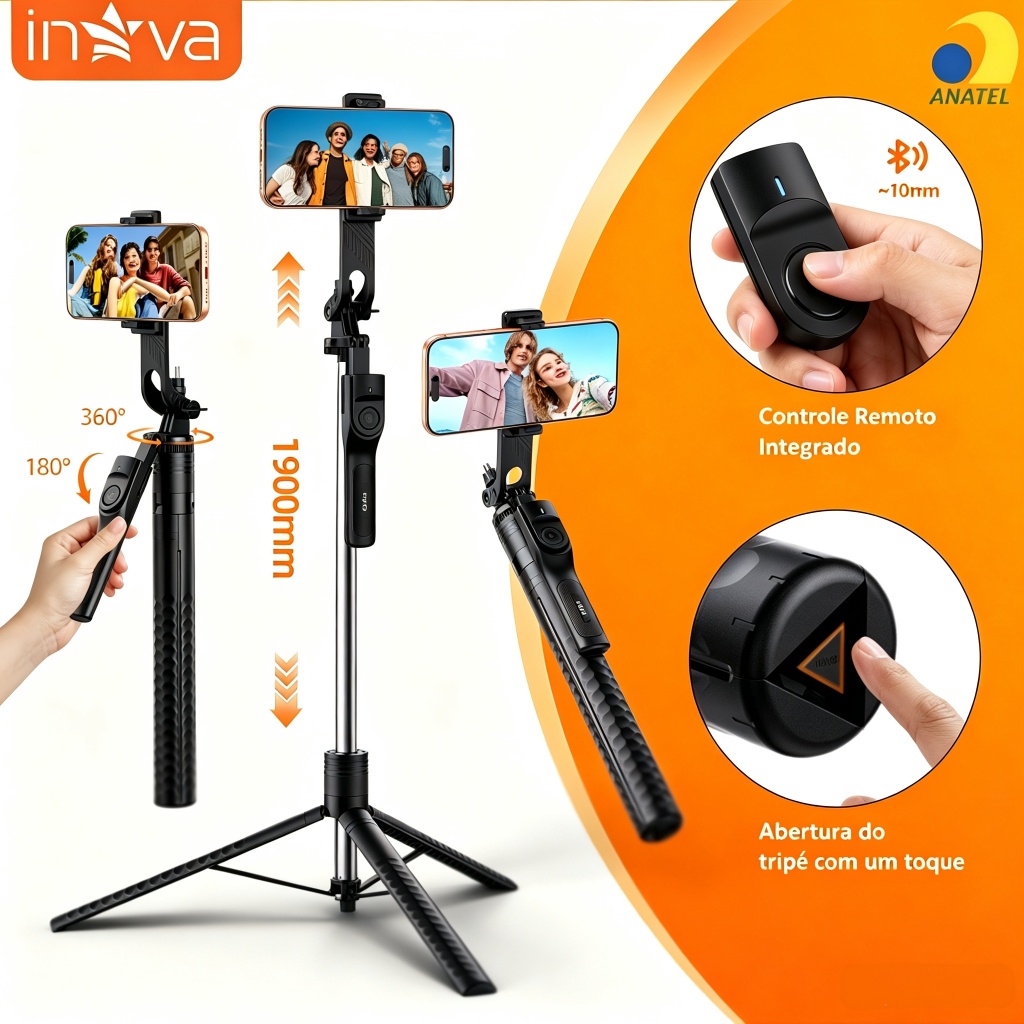 INOVA Tripé 3 em 1 Retrátil 190cm Gira 360° Com Controle Remoto Bluetooth