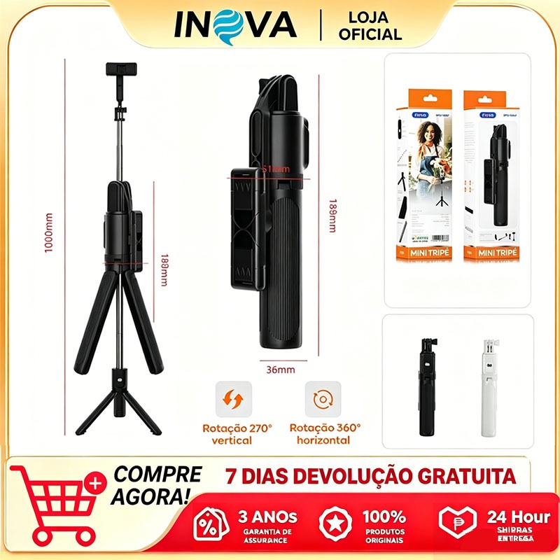 INOVA 1M Tripé Profissional para Celular com Controle Bluetooth - Pau de Selfie Ajustável e Pedestal Estável，spo13367