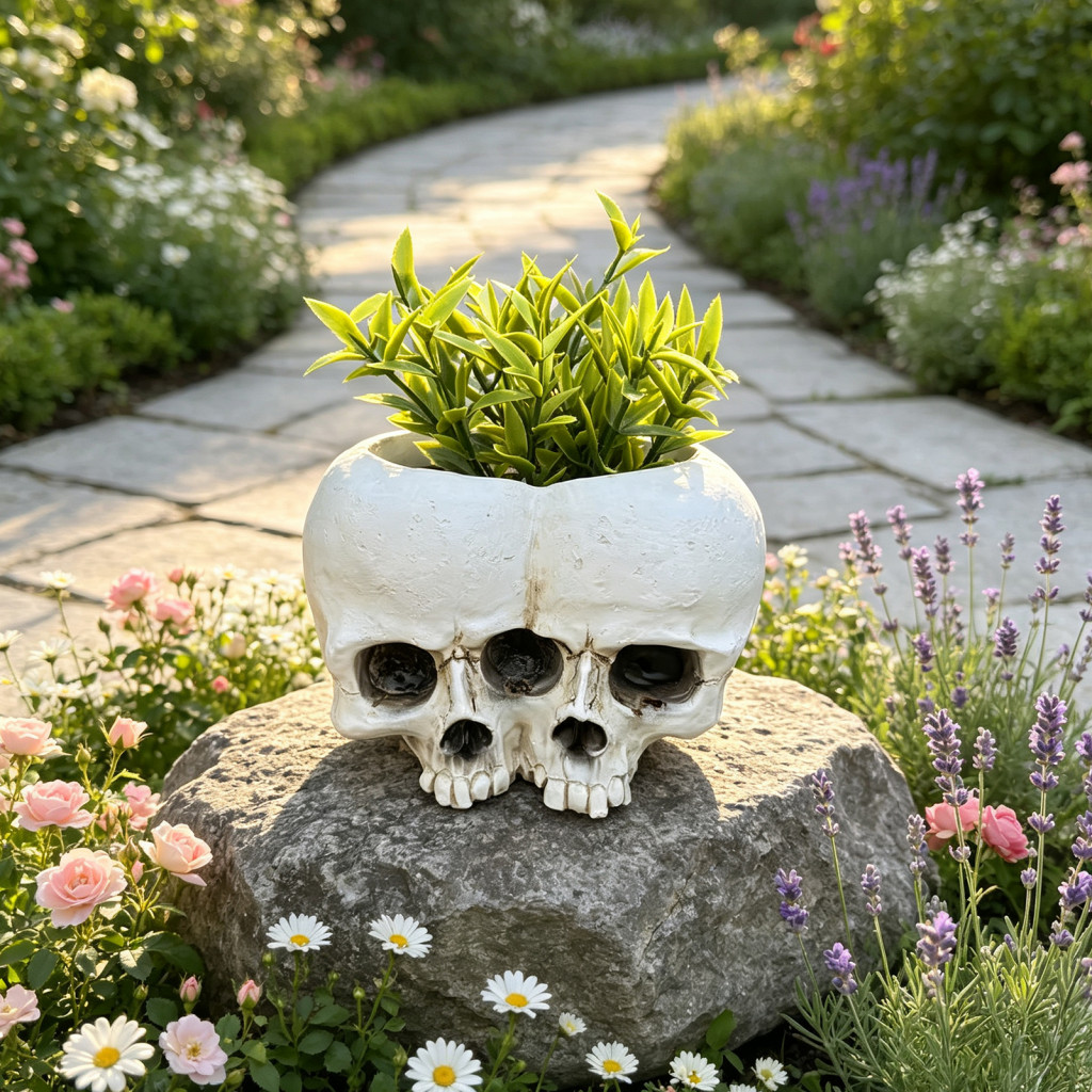 Double Skull Flowerpot for Succulents Realistic Resin Planter Halloween Decor Indoor Outdoor Garden Pot Unique Green Pla