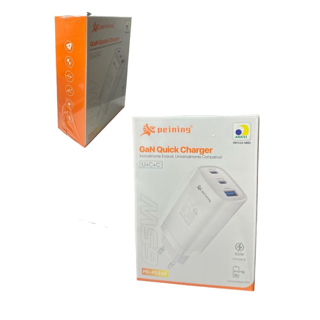 Carregador Turbo 3 entradas USB 65w Gan Fast Charger Cor Branco & Preto