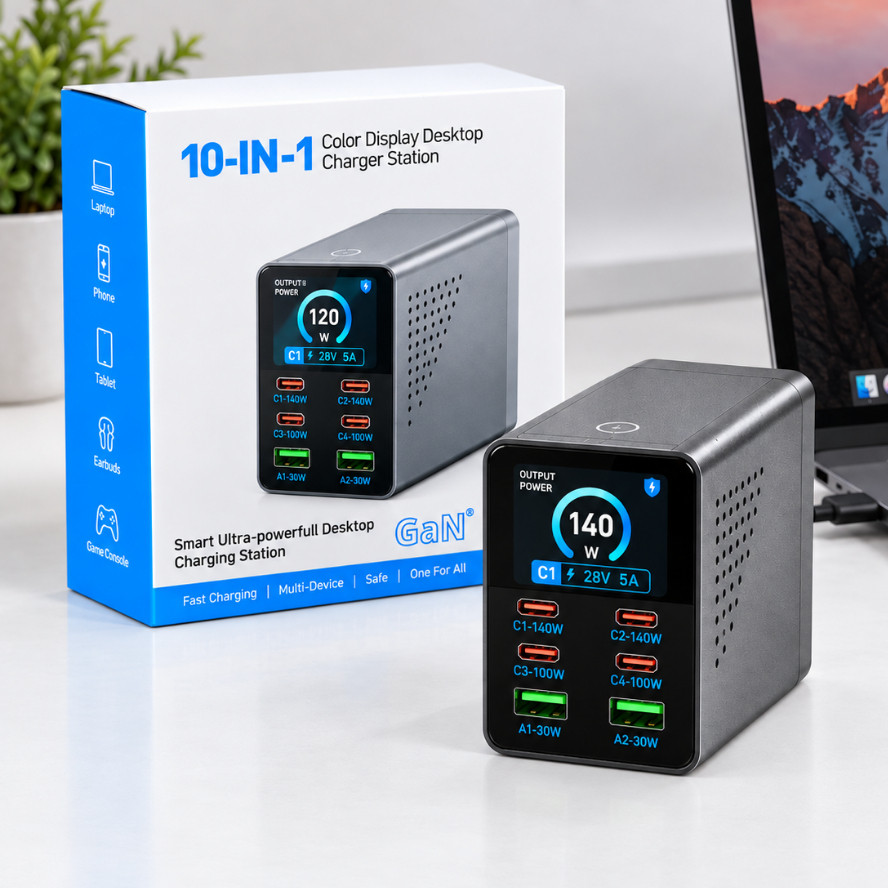 Carregador USB Fast Charger de Bancada 140W 6 Portas 4 USB-C 2 USB-A Inteligente com Display GaN