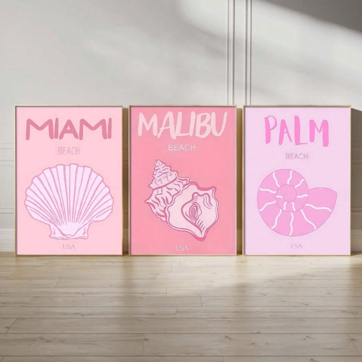 Quadros decorativos Conhchas rosa praias Miami, Malibu e Palm (3 peças)