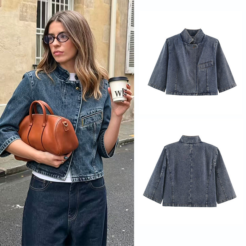 Mulheres Gola Recortada Denim Jaqueta Diagonal Botão 3/4 Manga Casual Curto Jean Casaco 2609Y