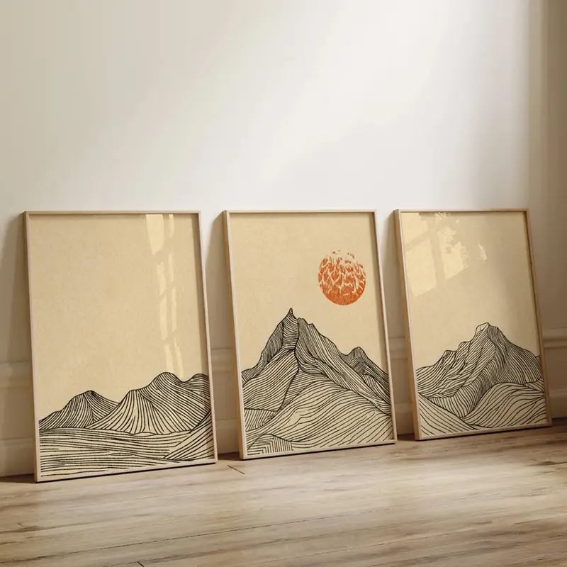 Horizonte Abstrato – Arte Contemporânea em 3 Quadros Kit Paisagens Lineares com Sol Texturizado