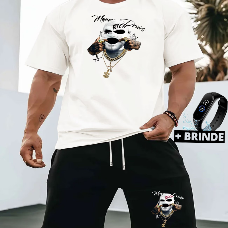 Conjunto masculino camiseta estampada streetwear  algodão 100% e short verão Mauricinho Money Drives Rich + brinde