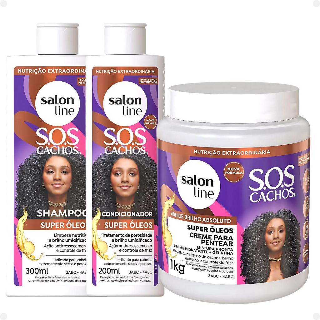 Kit Salon Line SOS Cachos Super Óleos: Shampoo 300ml e Condicionador 200ml + Creme Para Pentear 1kg