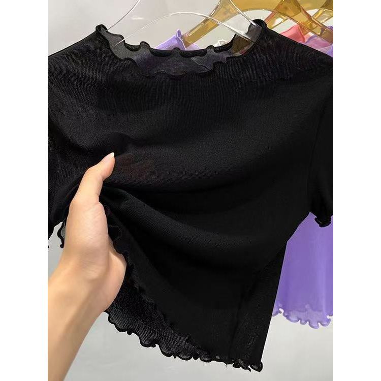 Camiseta de malha feminina de manga curta Suspender saia interior camisa de fundo verão renda transparente topo tule rou