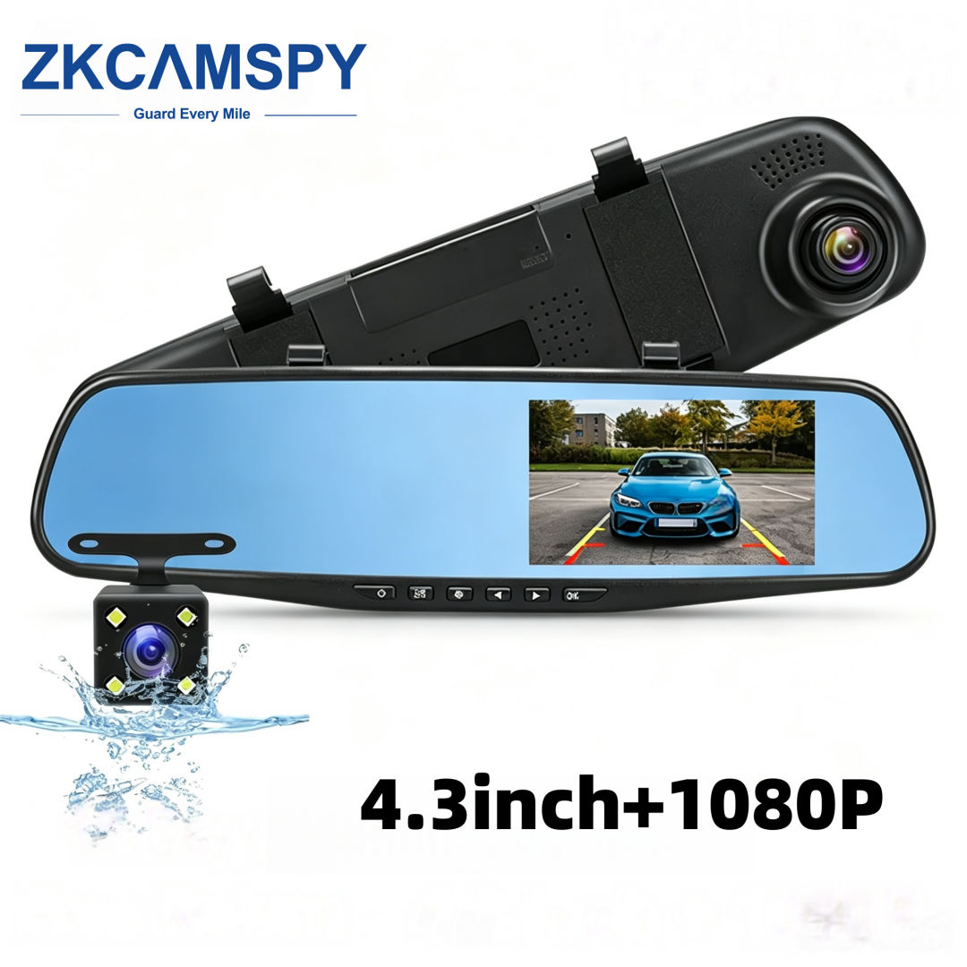 Dashcam 4.3 Polegadas Ips Car Dvr Recorder Espelho Retrovisor De Lente Dupla Com Câmera De Backup 1080p