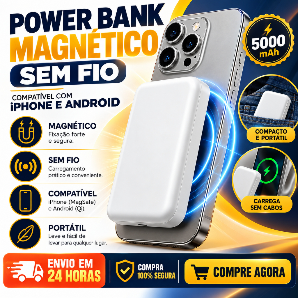 Carregador Portátil MagSafe 5000mAh Power Bank para iPhone 12 13 14 15 16 17