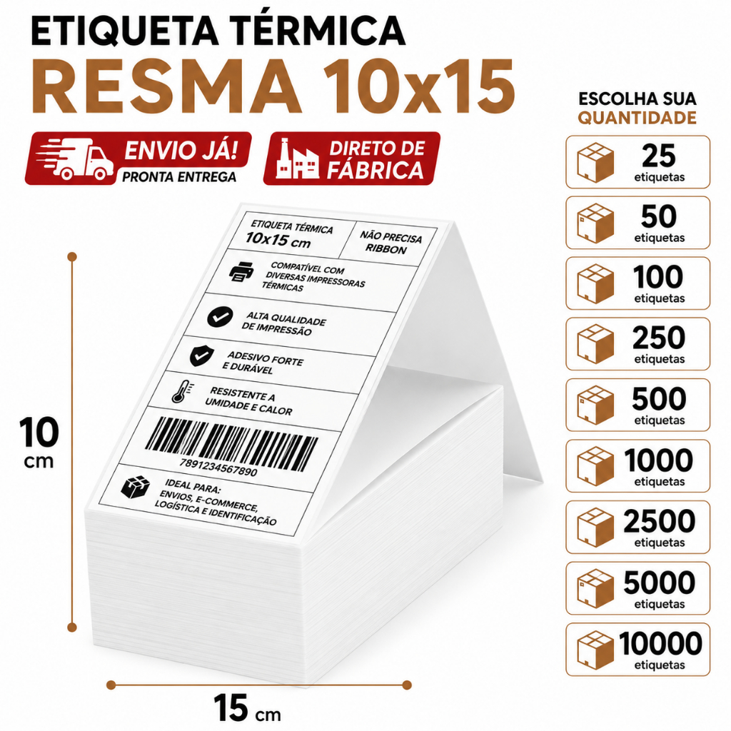 Kit Etiqueta Térmica Adesiva Resma 10x15 E-commerce Envios Zebra Elgin Impressora Sem Ribbon Papel Contínuo