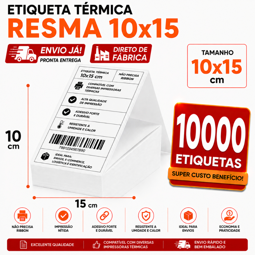 Kit 10000 Etiqueta Térmica Adesiva Resma 10x15 Ecommerce Envios Zebra Elgin Impressora Sem Ribbon Papel Contínuo