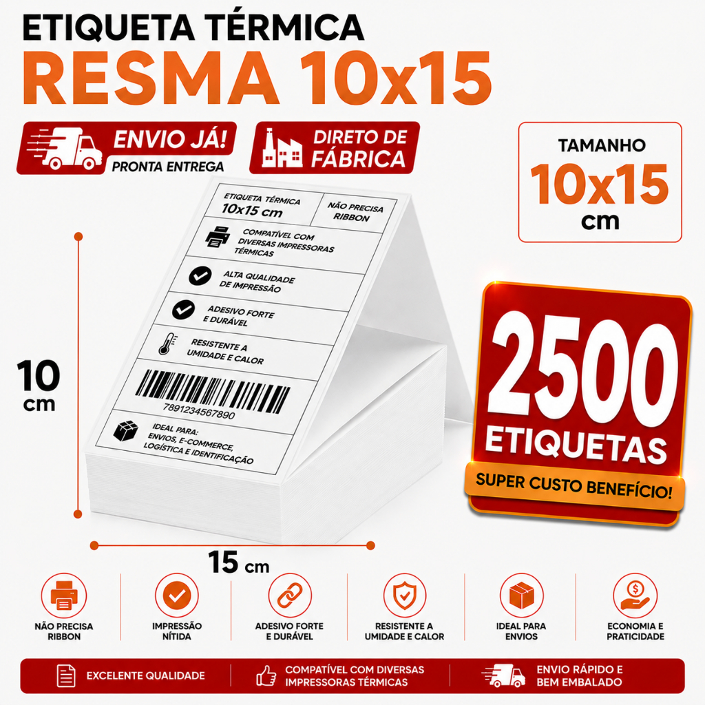 Kit 2500 Etiqueta Térmica Adesiva Resma 10x15 Ecommerce Envios Zebra Elgin Impressora Sem Ribbon Papel Contínuo